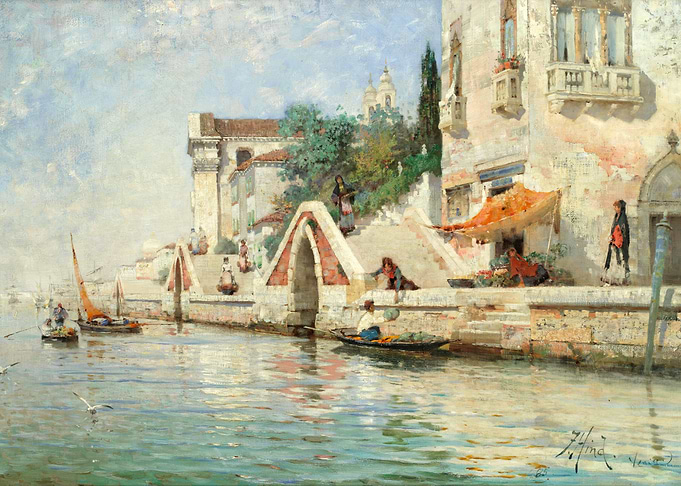 Venetian Canal Scene with Bridge and Boats