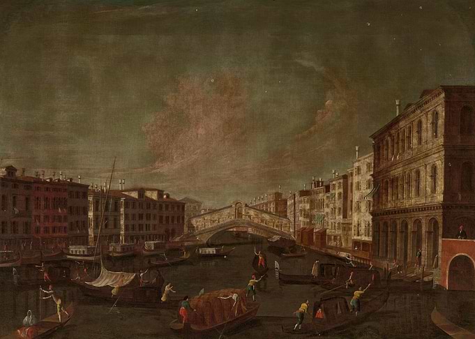 Venice Canal Scene with Rialto Bridge