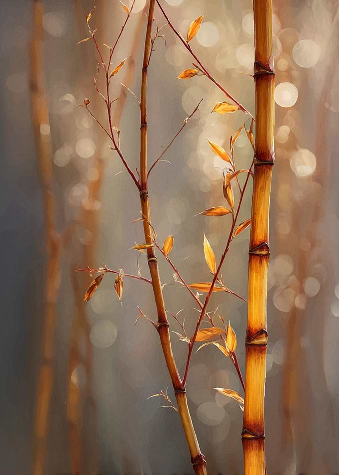 Golden Bamboo Stalks with Autumn Leaves