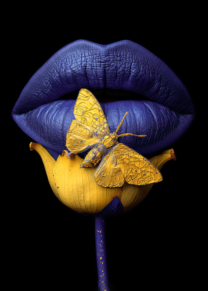 Surreal Butterfly on Blue Lips and Yellow Flower
