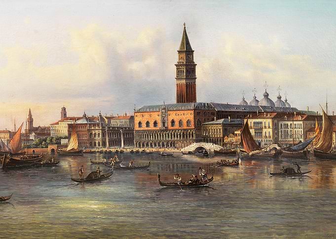 Venice Canal Scene with Gondolas and Architecture
