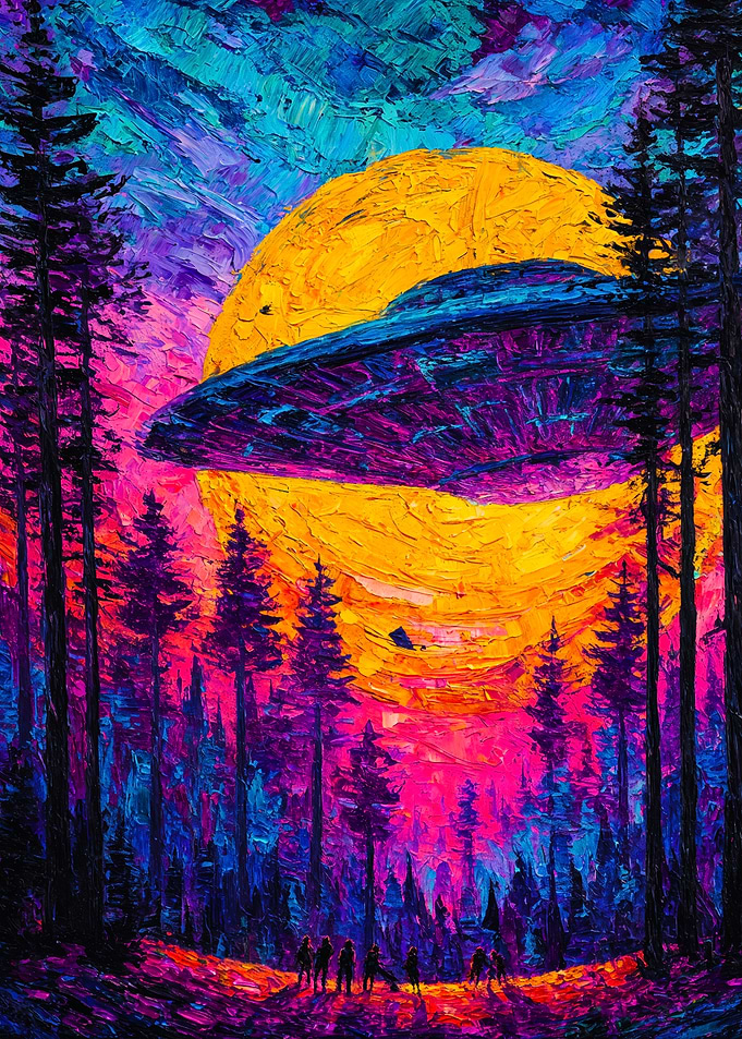 UFO Forest Scene Impasto Painting