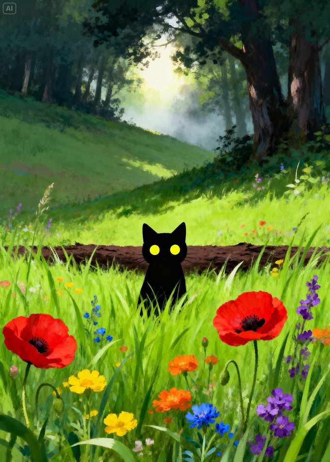 Black Cat in a Wildflower Meadow