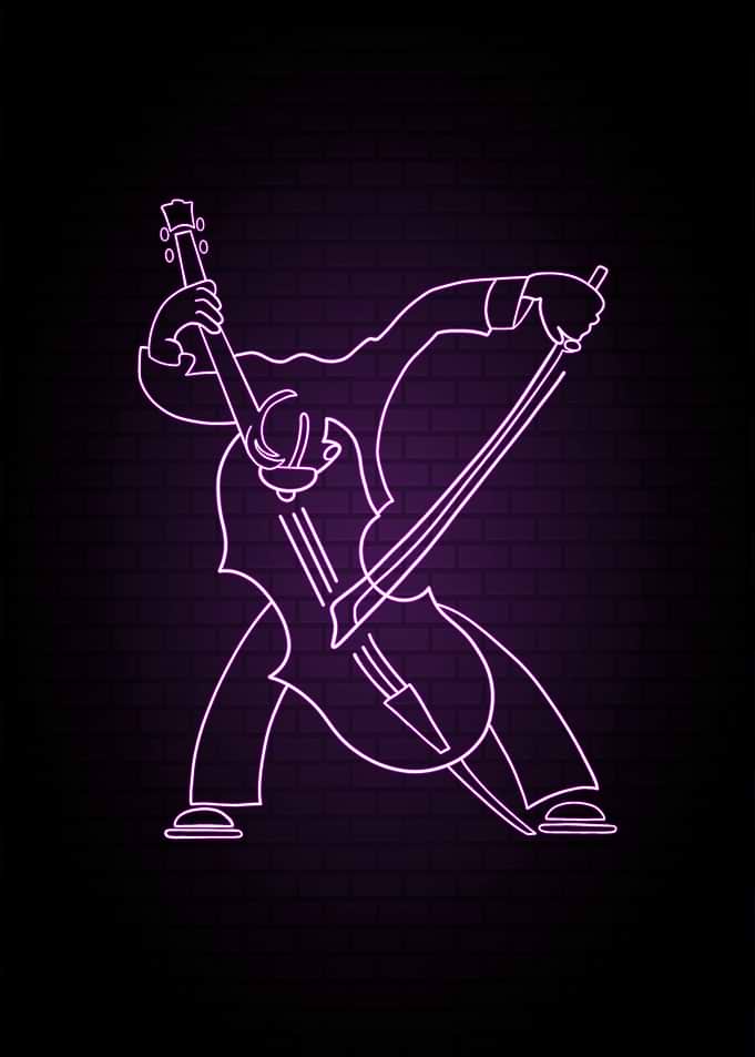 Neon Cello Player on Brick Background