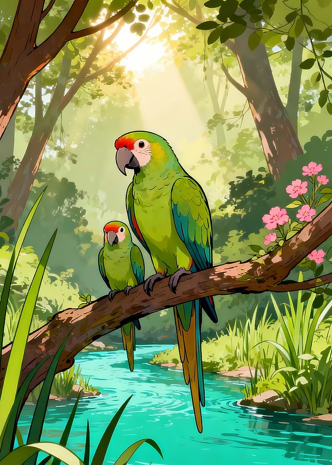 Two Parrots by a River
