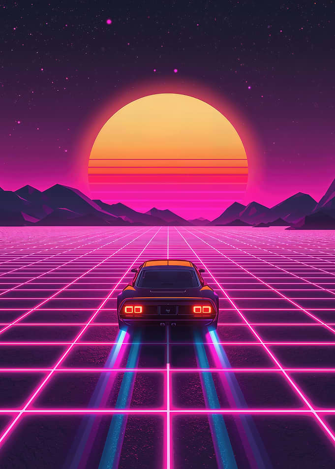 Retro Car Driving Towards Neon Sunset