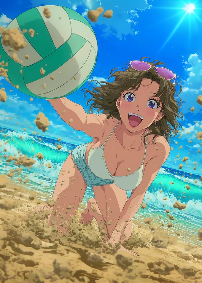 Anime Girl Playing Volleyball on Beach