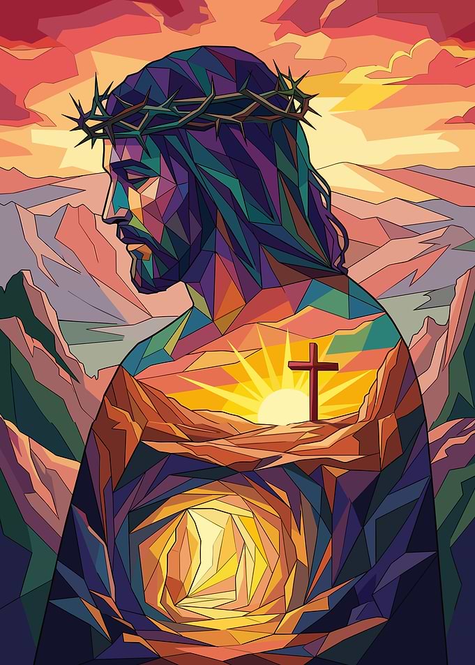 Jesus Christ with Crown of Thorns and Sunrise