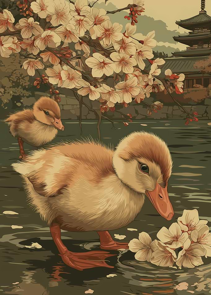 Ducklings and Cherry Blossoms by a Pagoda