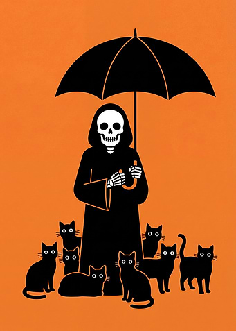 Grim Reaper with Black Cats and Umbrella