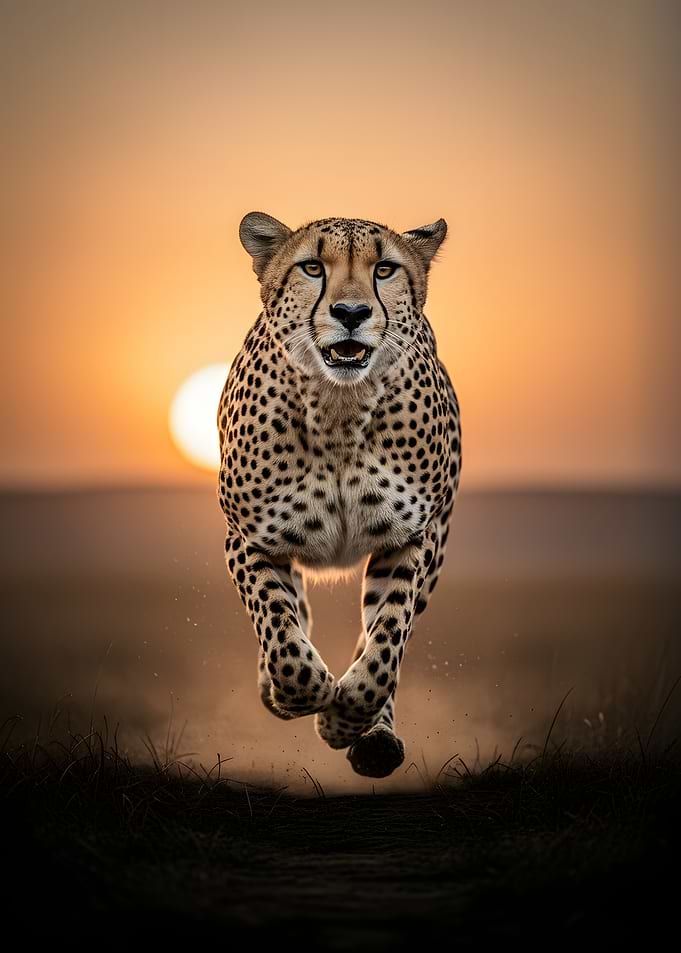 Cheetah running at sunset