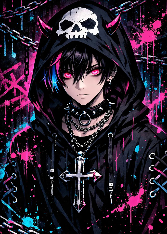 Gothic Anime Character with Skull Hoodie