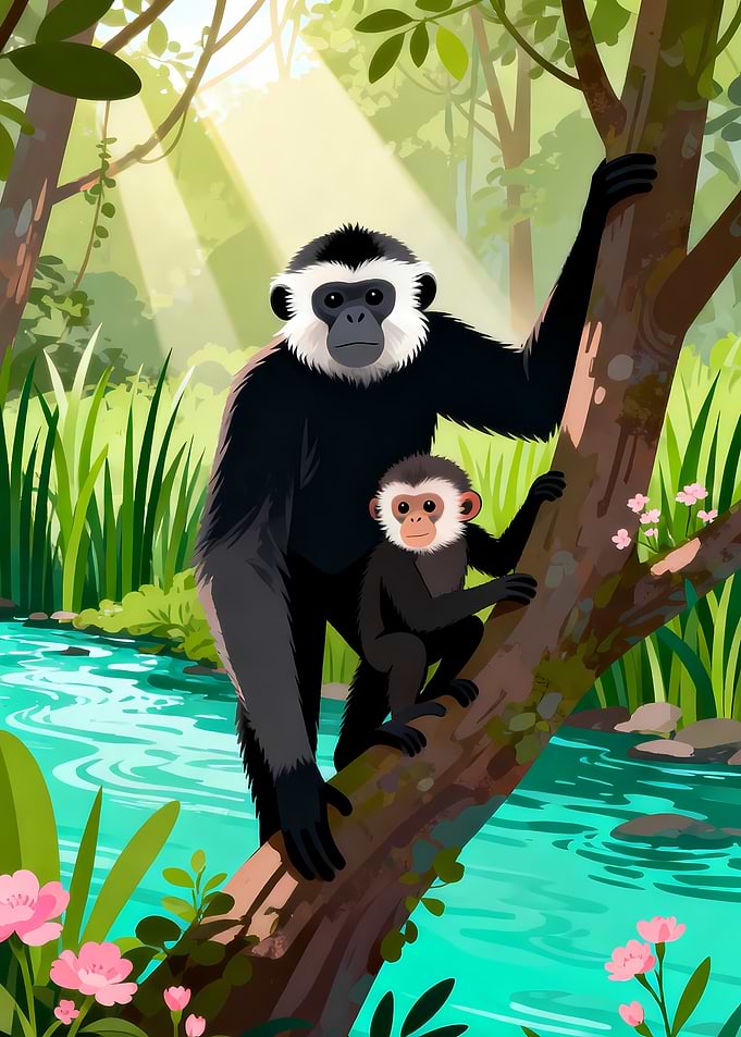 Gibbons in a Lush Forest