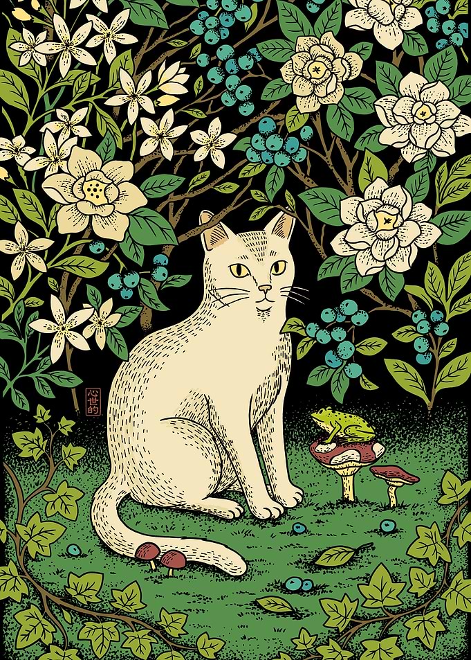 White Cat with Flowers and Frog