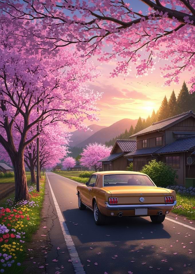 Classic Car on Cherry Blossom Road
