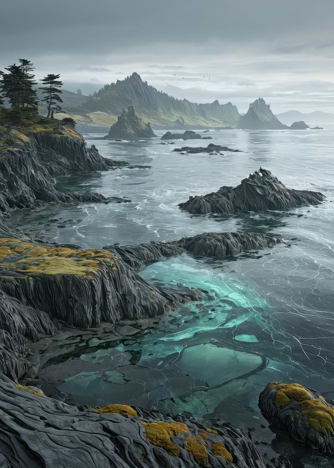 Misty Coastal Cliffs with Luminous Turquoise Tidal Pools