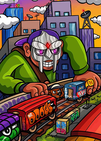MF DOOM and Dog Character on Train Tracks