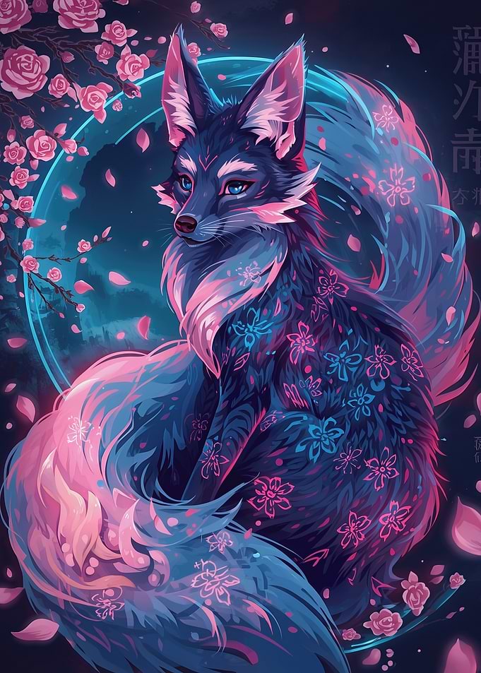 Pixel Art Fox with Cherry Blossoms