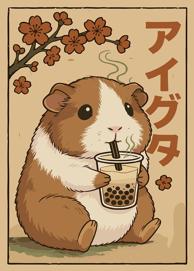 Guinea Pig Bubble Tea Poster, Cute Japanese Art Print, Whimsical Animal Wall Decor