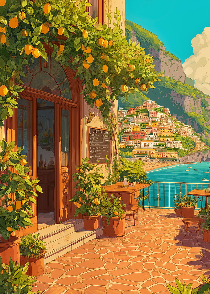 Italian Coastal Cafe with Lemon Trees