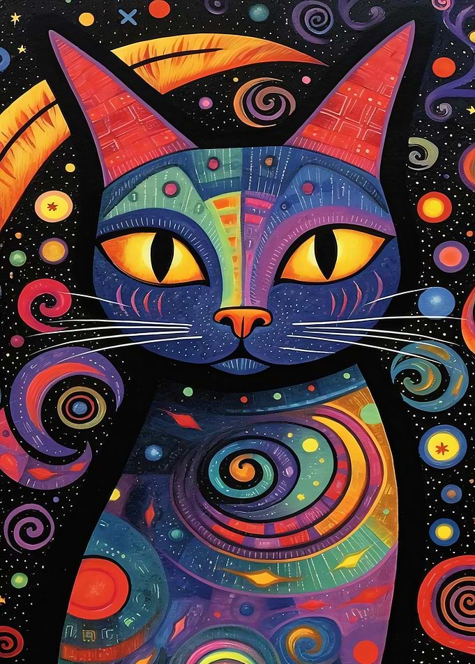 Whimsical Cosmic Cat Painting
