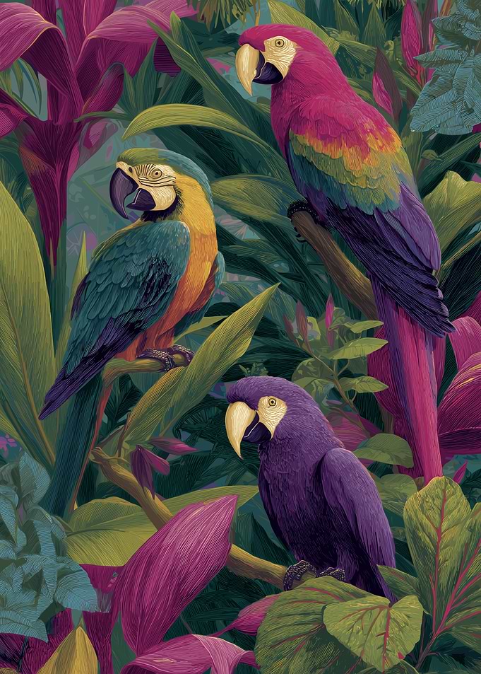 Tropical Parrots in Lush Foliage