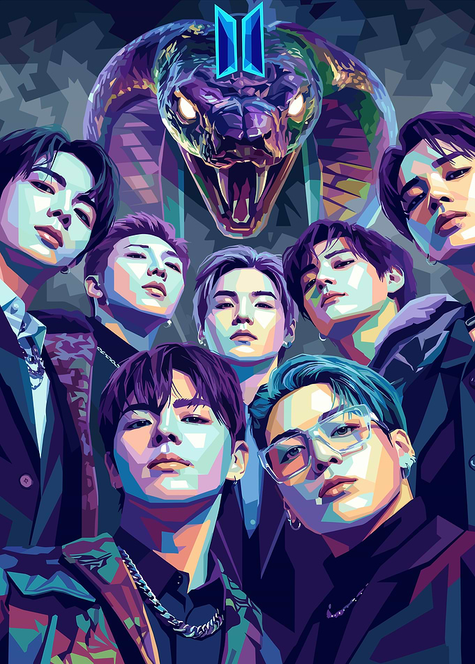 BTS Members with Snake and Logo