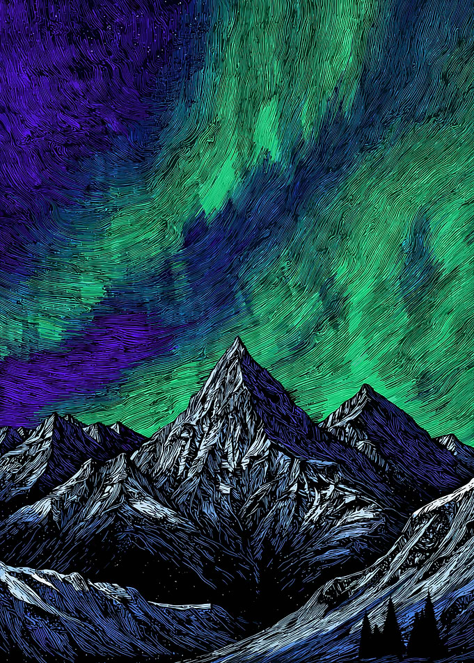 Aurora Borealis Over Mountains