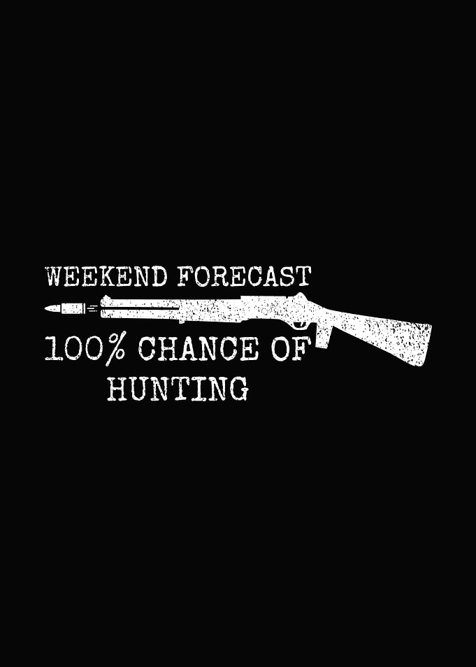 Funny hunting wall art - 'Weekend Forecast: 100% Chance of Hunting' rustic man cave poster for hunters
