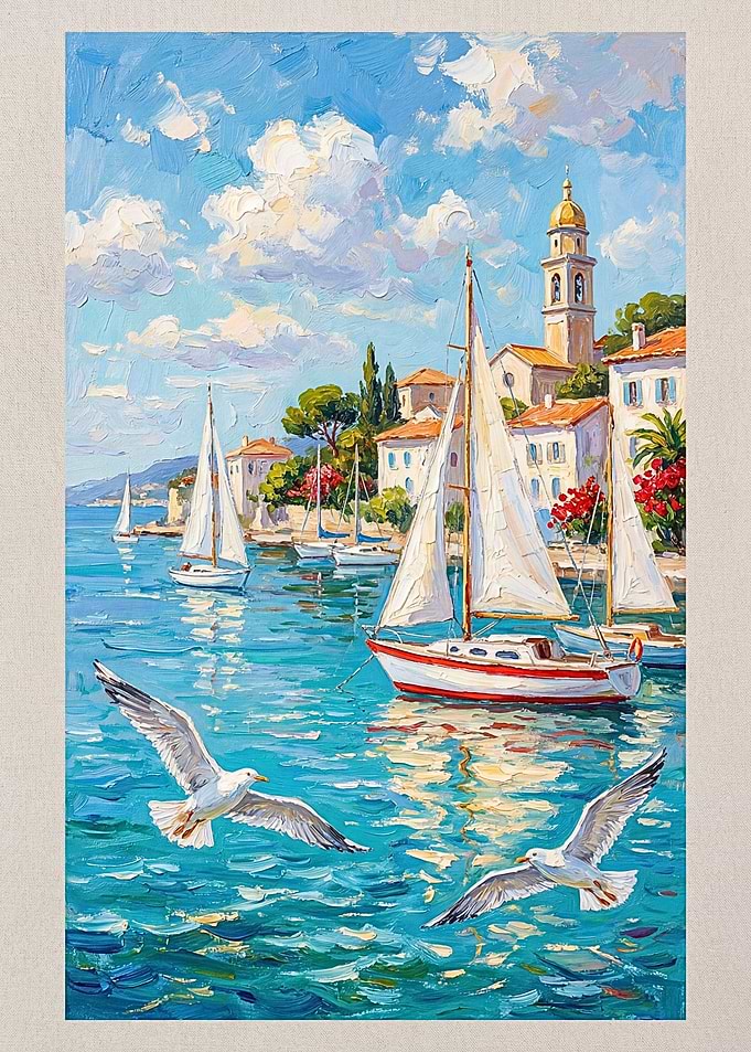 Seagulls and Sailboats in a Mediterranean Harbor