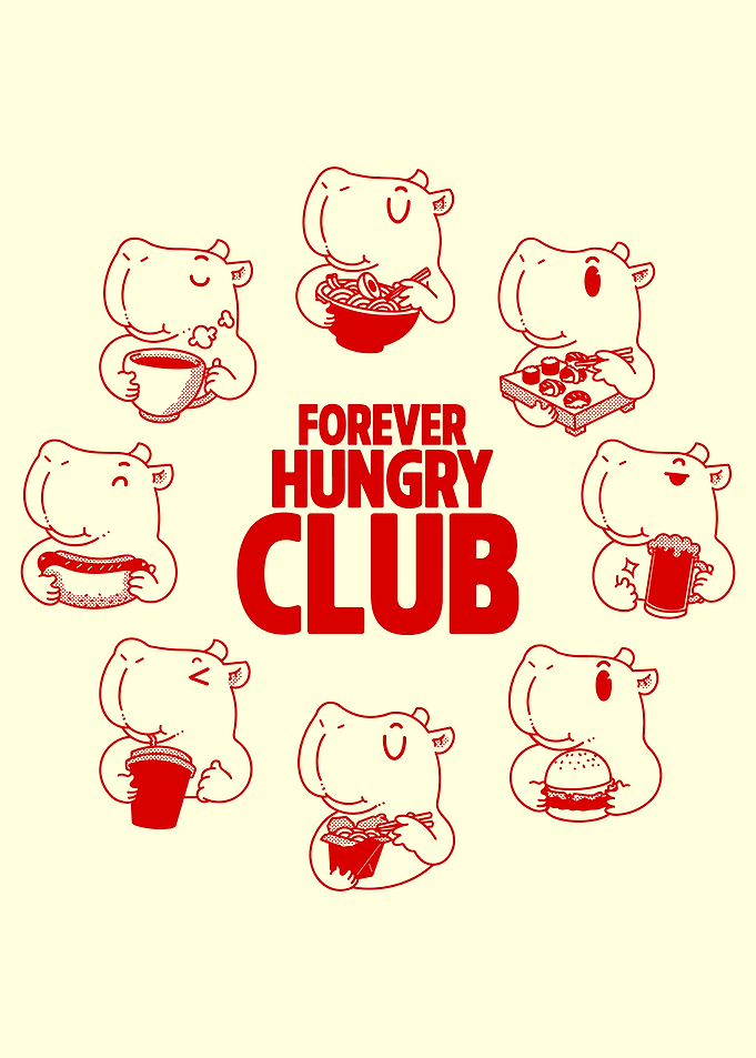 Forever Hungry Club Poster, Cute Hippo Food Illustration, Funny Foodie Wall Art
