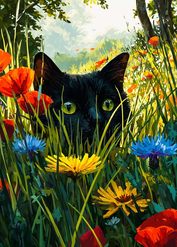 Black Cat Hiding In Wildflowers