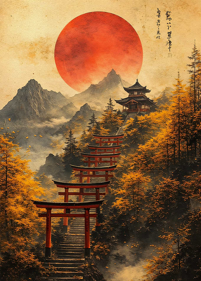 Japanese Torii Gates and Temple