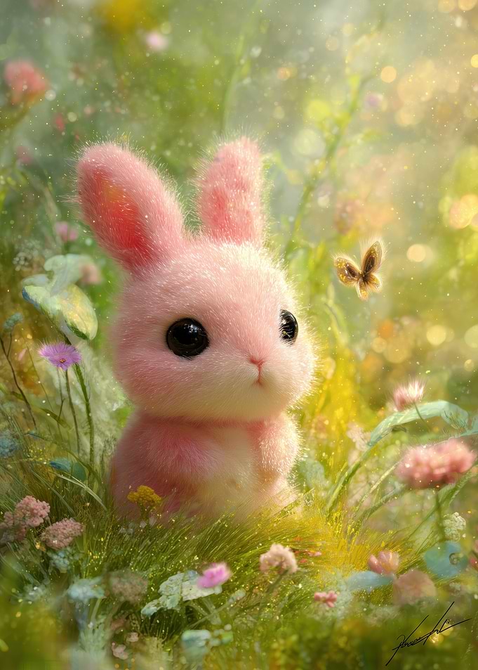 Cute Pink Bunny in a Floral Meadow