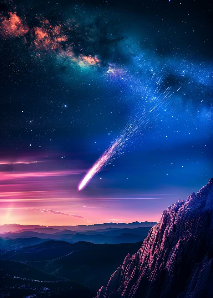 Comet over mountain landscape