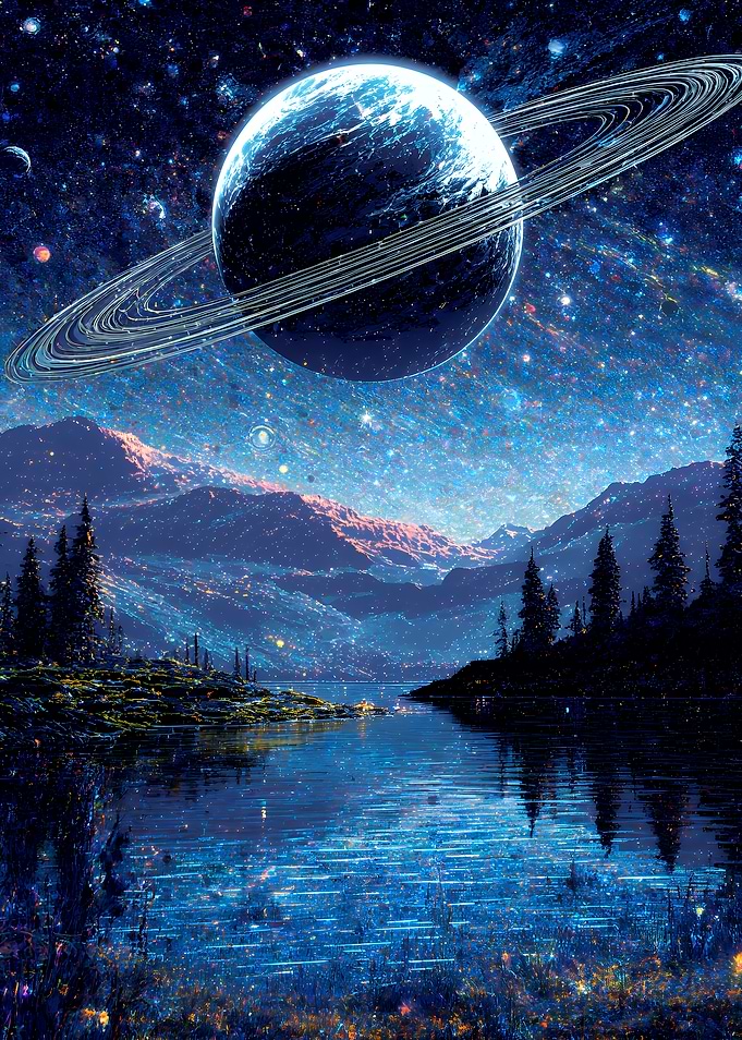 Alien Planet Landscape with Ringed Planet