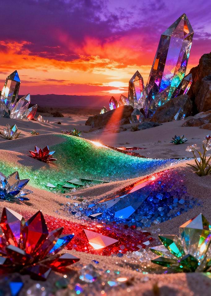 Rainbow Crystals in a Fantasy Desert Sunrise