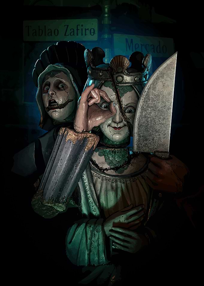 Creepy Dolls with Knife and Sign