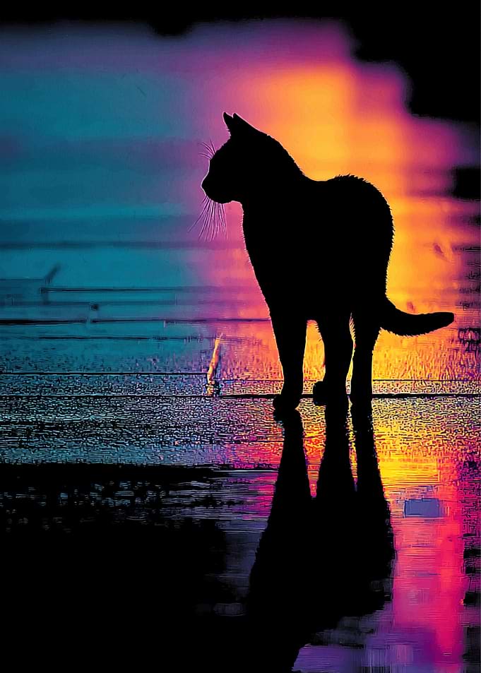 Silhouette Cat in Neon Reflections