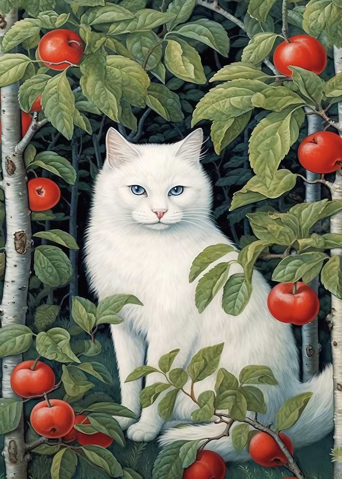 White cat in an apple orchard