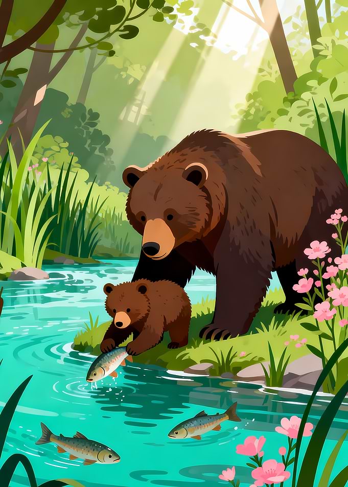 Bears fishing in a forest stream