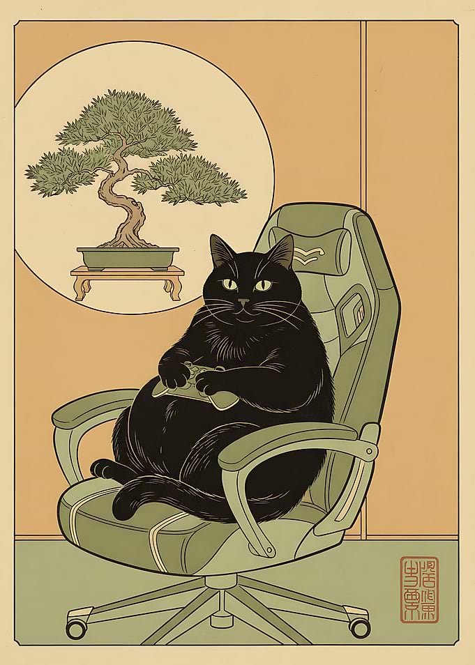 Black Cat Gamer — Japanese Ukiyo-e Style | Cat Gaming Poster | Gamer Room Decor
