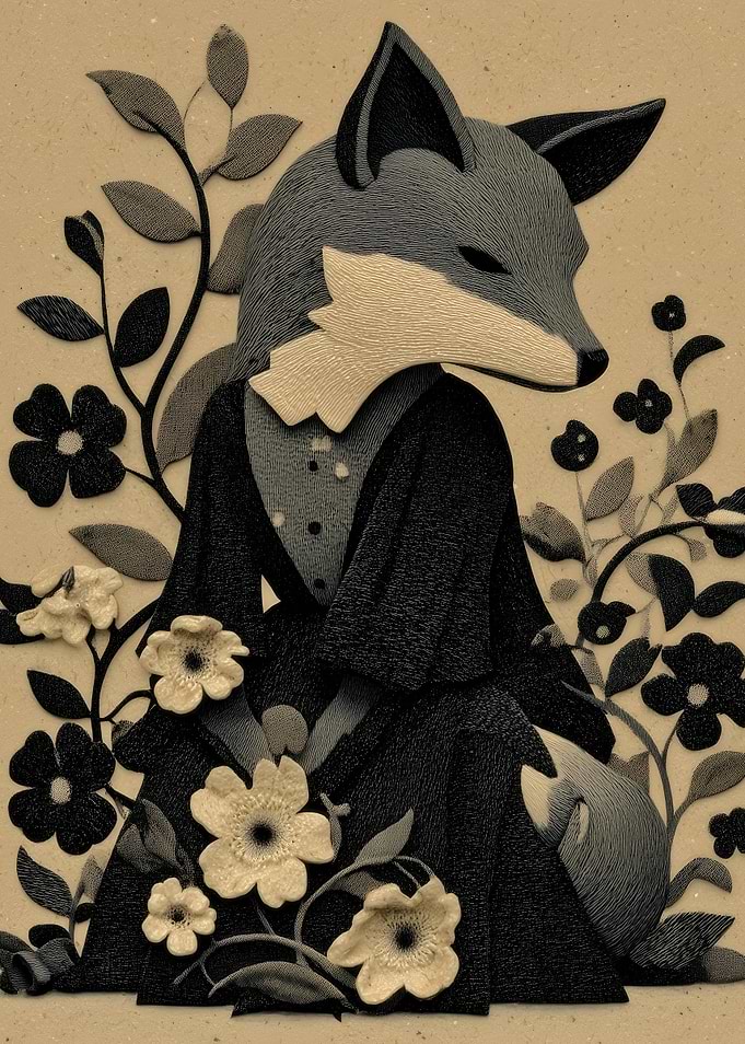 Fox in a suit with flowers