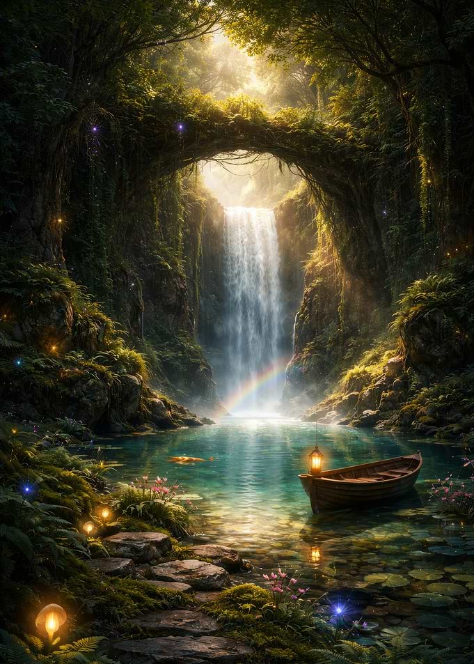 Forest Waterfall and Boat