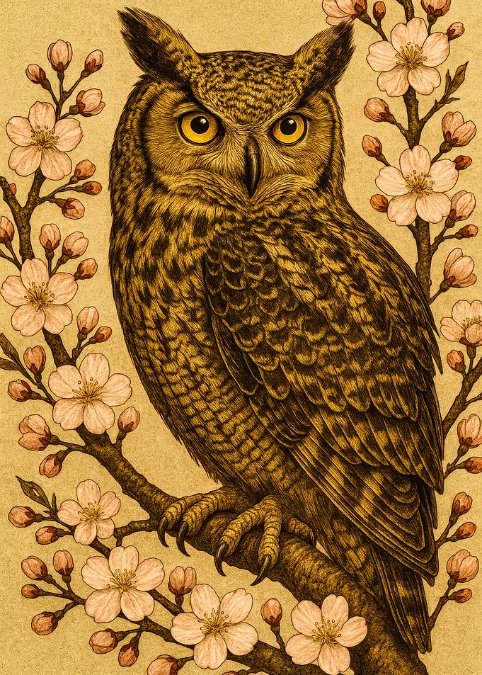 Detailed Owl on Cherry Blossom Branch
