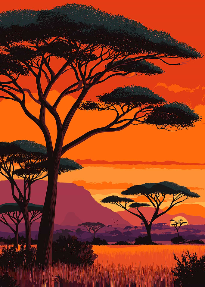 African Sunset Landscape with Acacia Trees