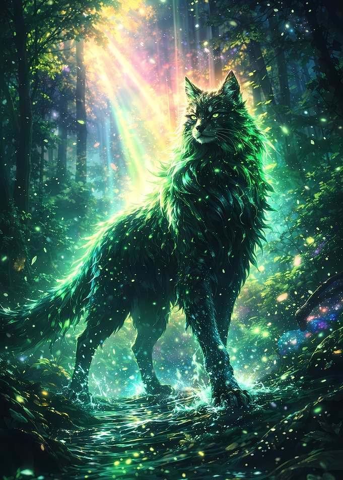 Mystical Green Wolf in Enchanted Forest