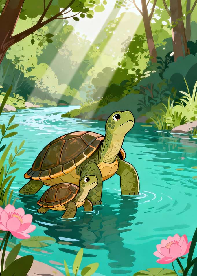 Turtles in a Sunlit River