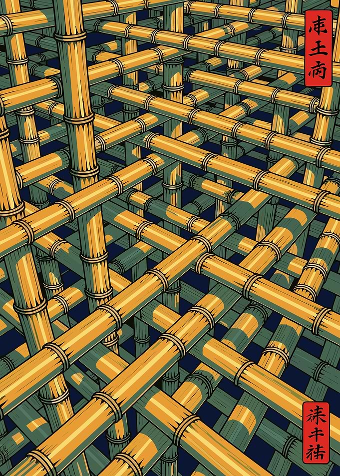 Abstract Bamboo Poster, Japanese Geometric Wall Art, Isometric Golden Green Print