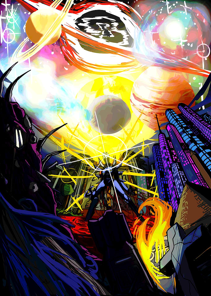Sci-fi Mech Battle in Cosmic Cityscape